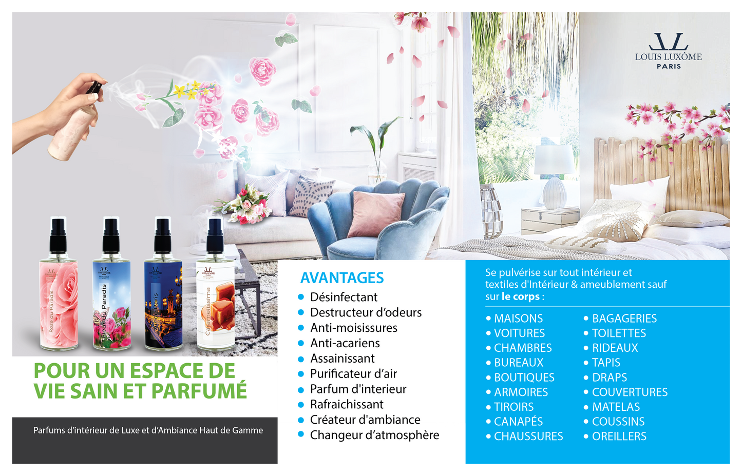 Pack de 4 parfums: Pour Vos Voitures, Chaussures, Rideaux, Tapis, Draps, Couettes, Vêtements, Armoires...